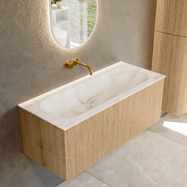 Mondiaz KURVE-DLUX 110 cm Onderkast Greeploos 1 Lade Zonder Deuren Oak, Wastafel Solid Surface Volledig Frappe 0 Kraangaten Zonder Spiegel (KRVBGM1101L0D0KM-Oak/Fra)