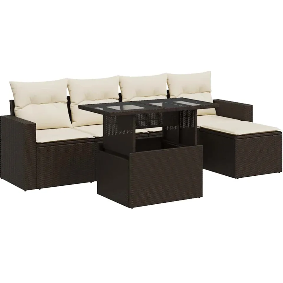 vidaXL 6-delige Loungeset met kussens poly rattan bruin