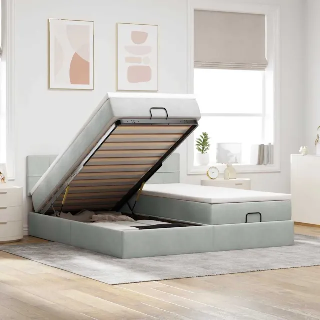 vidaXL Ottoman bed met matrassen 200x200cm fluweel lichtgrijs grijs