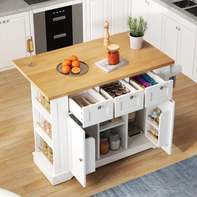 HAUSS SPOLE Keukenwagen Mobiel Keukeniland Uitklapbaar Werkblad - 3 Laden 2 Deuren Open Legplanken - Met Stopcontact En USB - MDF - 132x40(70)x87 cm Wit/Naturel