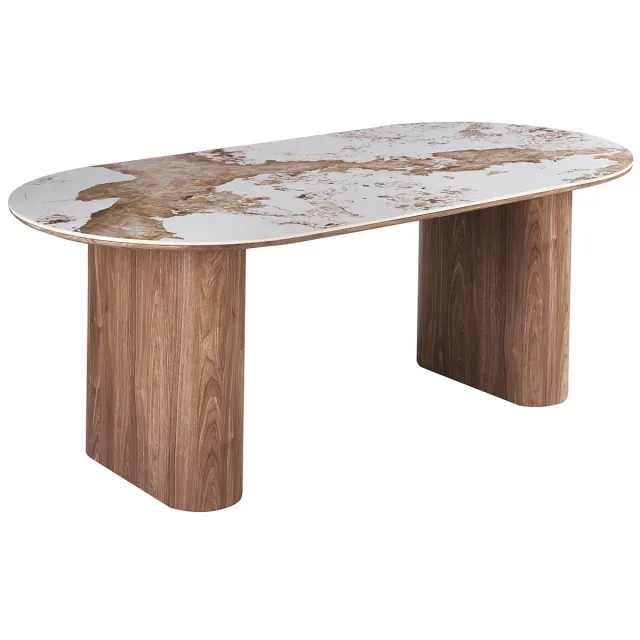 Rousseau Eettafel Evora 210 x 100 cm – Glanzende Marmer Look – Walnoot Look – Ovaal bruin