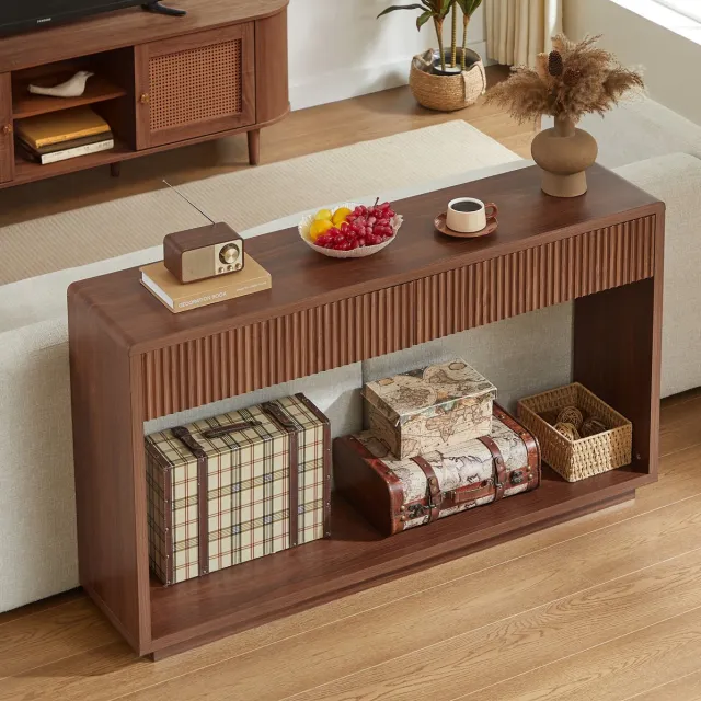 REDOM Sidetable - Geribbelde fronten - Opbergruimte met 2 lades en open vak - Modern - Hal en woonkamer - Spaanplaat en MDF - Walnoot - 150 x 35 x 85 cm Walnut
