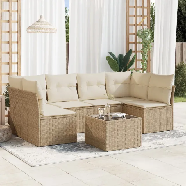 vidaXL 7-delige Loungeset met kussens poly rattan beige, foto 2
