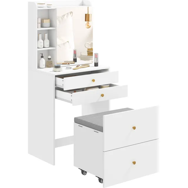 Homcom Kaptafel met Spiegel en Kruk - Make-uptafel - Toilettafel met Opbergruimte - Wit
