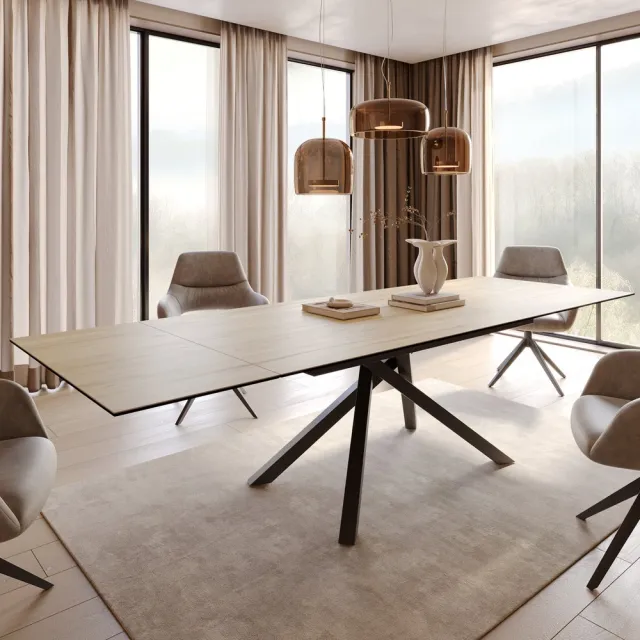 DELIFE Eetkamertafel Edge keramiek Laminam® Sabbia eiken kleur 200-300x100 kruisframe rechthoek zwart uitschuifbaar Eichefarbig