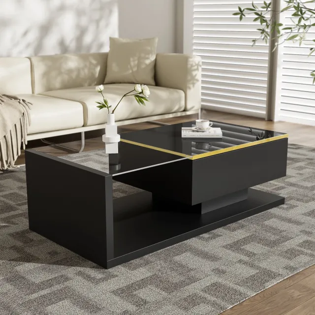 STILVORA Salontafel - Hoogglans Met LED In 16 Kleuren En Glazen Blad - Met Opbergvak En Open Vakken - Spaanplaat - Zwart - 100x50x32,5 Cm