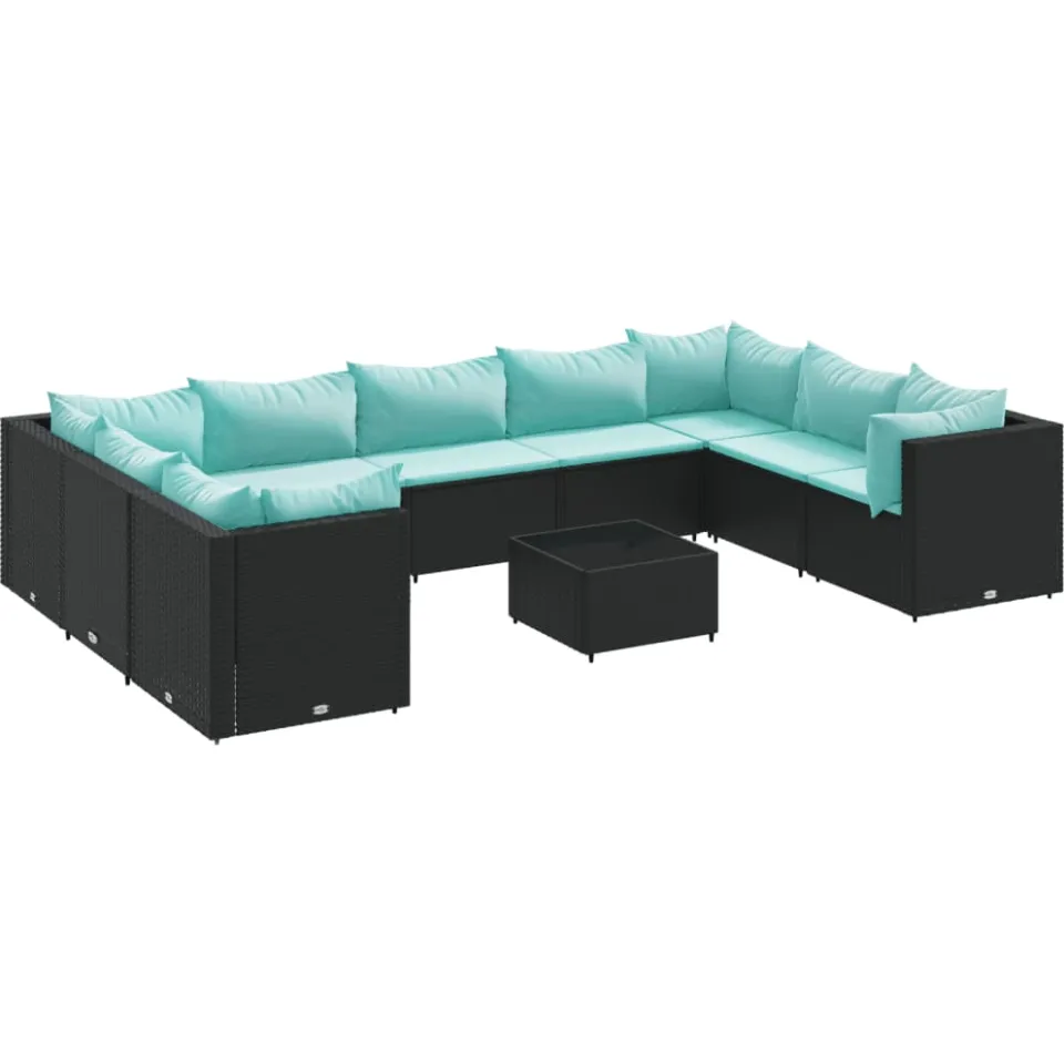 vidaXL 10-delige Loungeset met kussens poly rattan zwart