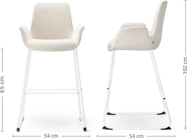 Nolon Nino-Eef Barkruk Bouclé Beige - met Armleuning - Wit Onderstel - 65 cm - Voor Kookeiland - Barkruk met Rugleuning - Lage Armleuning Bouclé - Beige - Wit onderstel