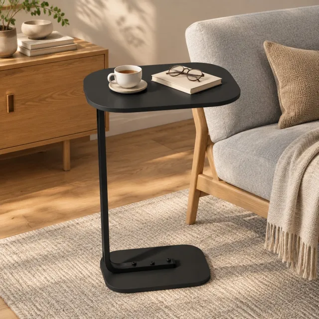 MIVRAY Bijzettafels – Sidetable C-Vormige Bijzettafel Met Hout + Metaal, Ruimtebesparend Voor Woonkamer En Slaapkamer – Zwart (Ovaal)