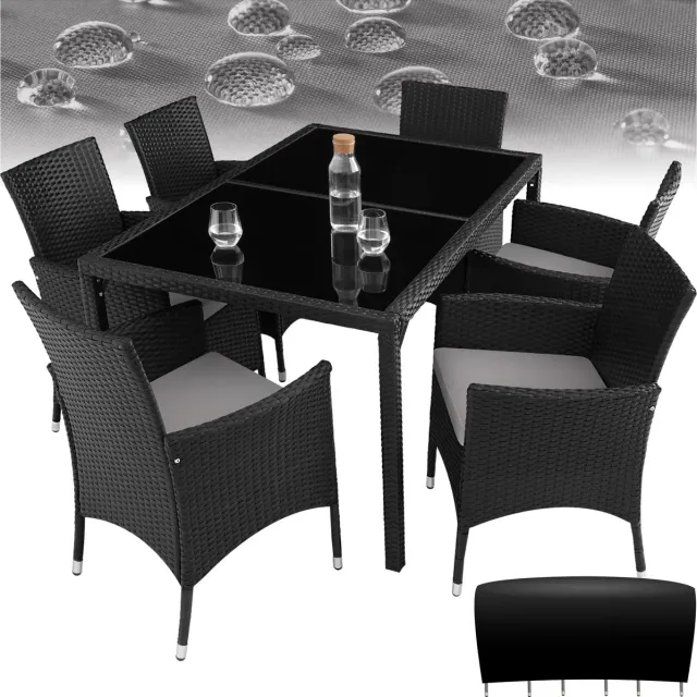 Tectake Wicker Tuinset Porto - Voor 6 Personen - Balkonmeubel - Tuinmeubelset met Tafel en 6 Stoelen - Zitgroep voor Tuin, Terras en Balkon - Inclusief Kussens en Beschermhoes - Zwart/Grijs - Wicker Set