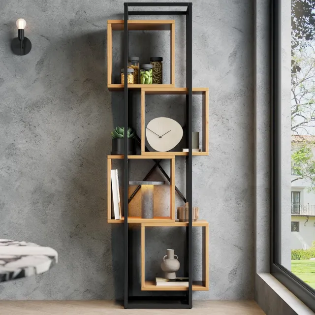 REDOM Boekenkast - Open kast met 4 vakken - Stalen frame en MDF-planken - Industrieel - Woonkamer, keuken of kantoor - MDF en ijzer - Zwart bruin - 59 x 30 x 180 cm