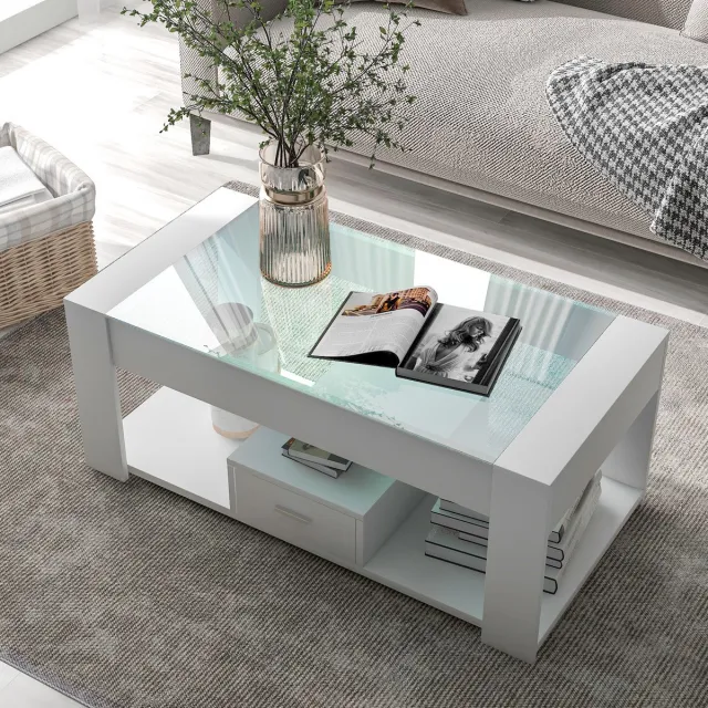 Sweiko Salontafel - Glazen tafelblad - met Lade - 100 x 50 x 40cm - Wit