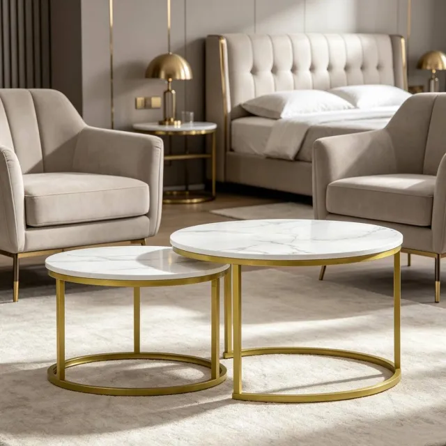 STILVORA Bijzettafel Set Van 2 - Ronde Marmerlook Tafel Met Gouden Metalen Onderstel - Modern Voor Woonkamer En Slaapkamer - Wit En Goud - 74 Cm Goud+Wit