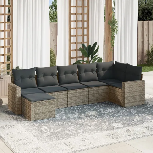 vidaXL 7-delige Loungeset met kussens poly rattan grijs, foto 2