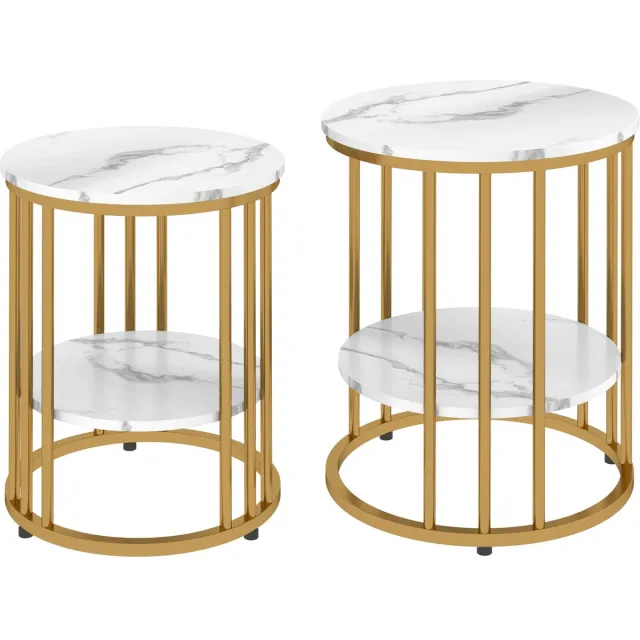 Merax Ronde Bijzettafel Set – 2-Delig – Salontafel Marmerlook Met Gouden Frame – 45x55 cm – Tafelset Voor Woonkamer Of Slaapkamer Wit