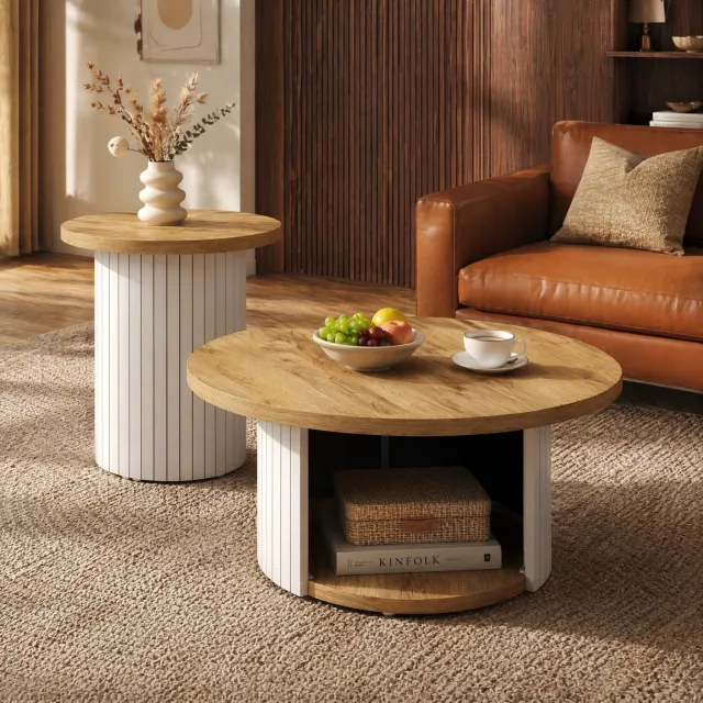 CHICFURN Salontafel - set van 2 - opbergruimte - rond - natuur Naturel