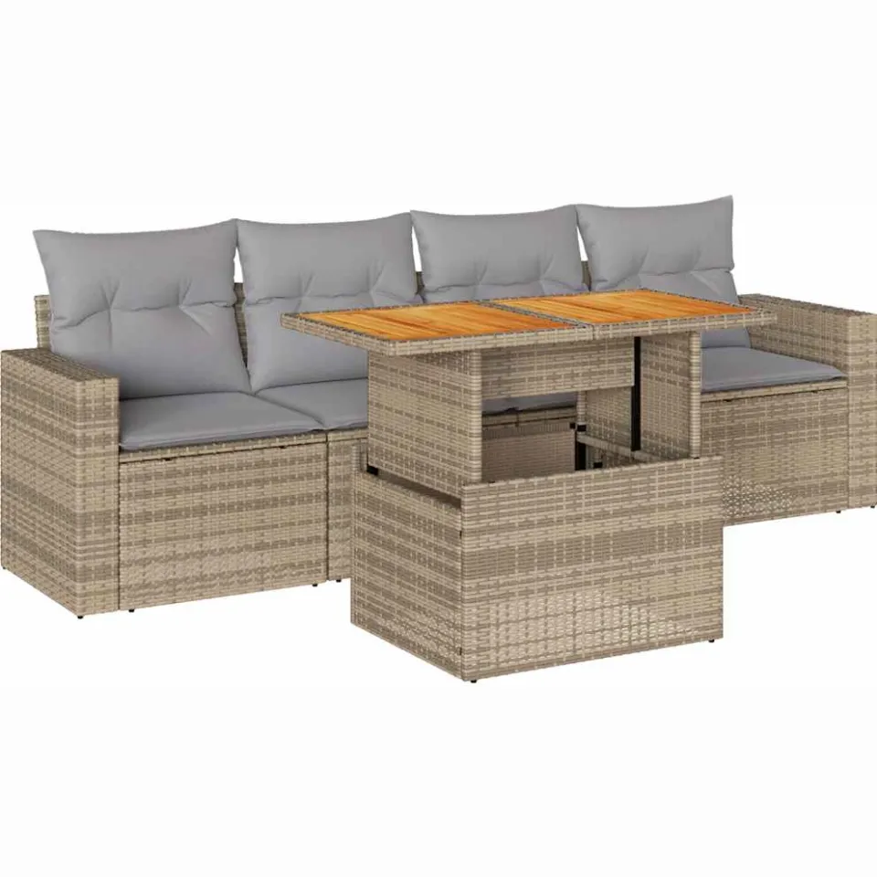 vidaXL 5-delige Loungeset met kussens poly rattan beige, foto 3