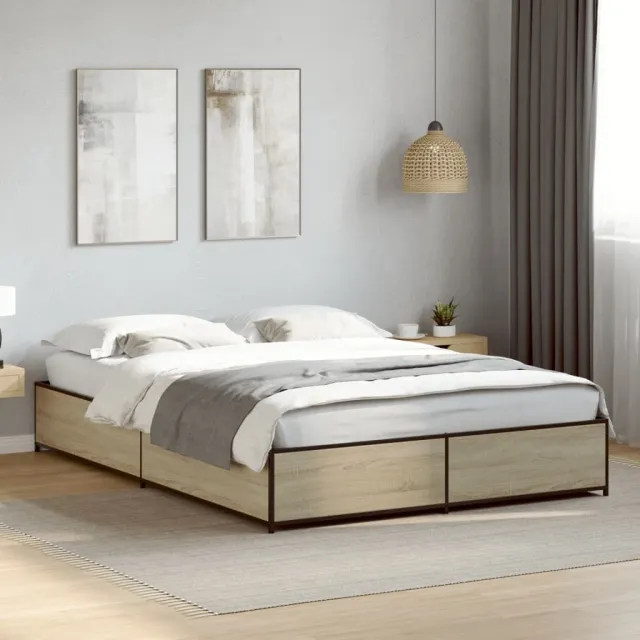 vidaXL Bedframe bewerkt hout metaal sonoma eikenkleurig 120x190 cm