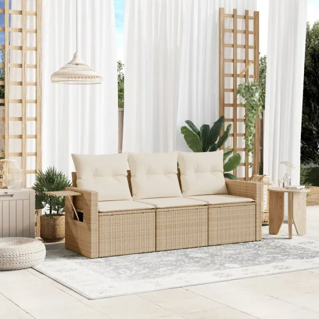 vidaXL 3-delige Loungeset met kussens poly rattan beige, foto 2