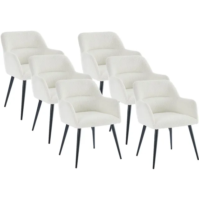 Vente-unique Set van 6 stoelen met armleuningen van boucléstof en zwart metaal - Wit - HEKA