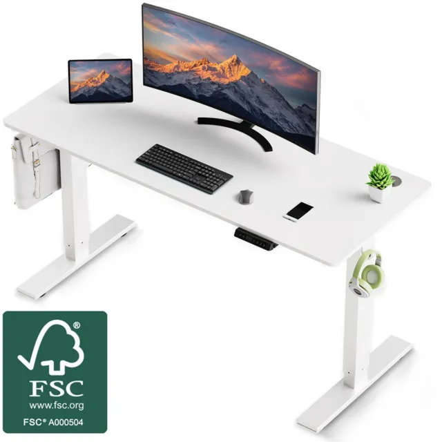 HOMAVO Elektrisch Zit-Sta bureau 70 x 140 cm - In Hoogte Verstelbaar - Geheugenfunctie - Antibotsingssysteem - USB-A/USB-C – Wit