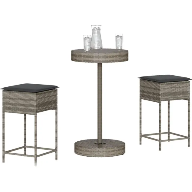 vidaXL 3-delige Tuinbarset met kussens poly rattan grijs