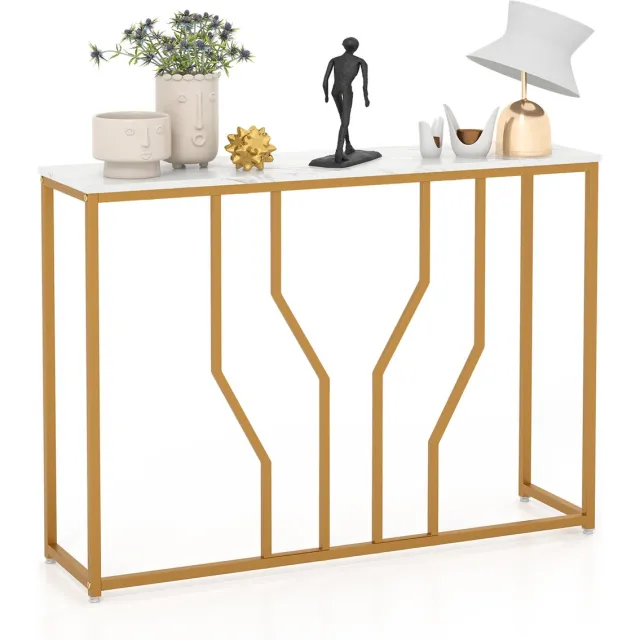 Costway Consoletafel, entreetafel, smal, marmerlook, banktafel met geometrisch metalen frame, bijzettafel goud + wit, 110 x 30 x 80 cm, voor woonkamer, hal, entree Wit en Goud