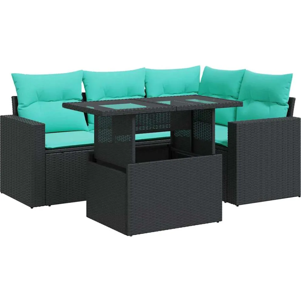 vidaXL 5-delige Loungeset met kussens poly rattan acacia zwart, foto 4