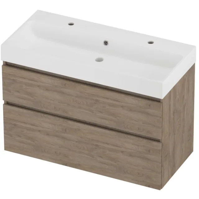 Proline Podium Badmeubelset Polystone Loft 2 Kraangaten 100x46x70 cm Mat White Raw Oak Eiken