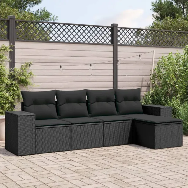 vidaXL 5-delige Loungeset met kussens poly rattan zwart, foto 2