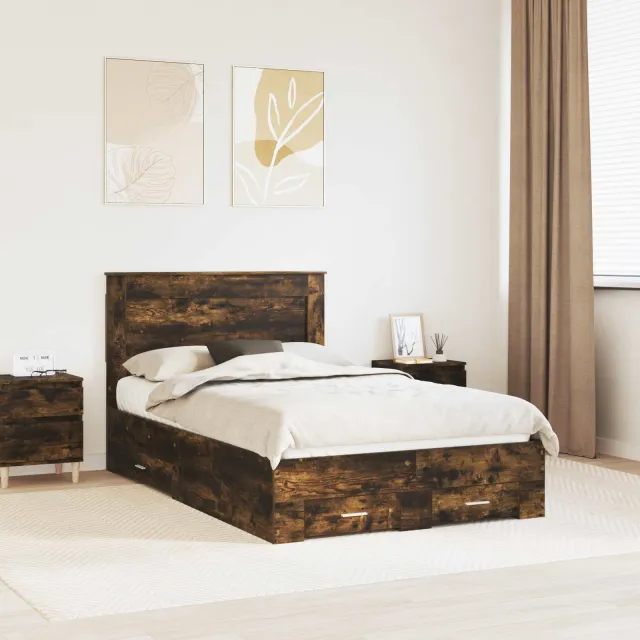 vidaXL Bedframe met lade Gerookt eiken 135 x 190 cm Bewerkt hout Bruin