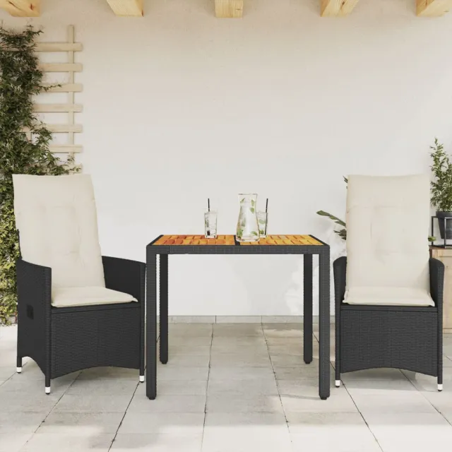 vidaXL 3-delige Bistroset met kussens poly rattan en acaciahout zwart, foto 2