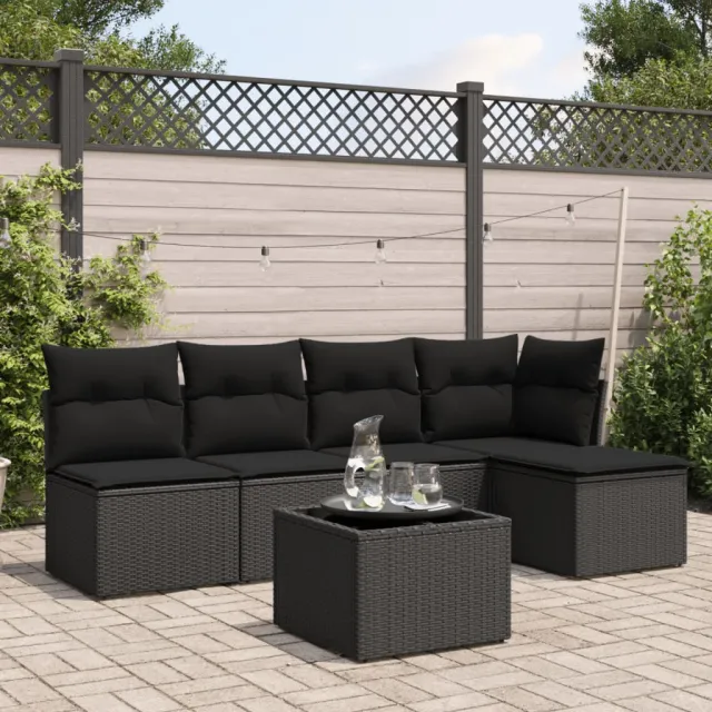 vidaXL 6-delige Loungeset met kussens poly rattan zwart, foto 2