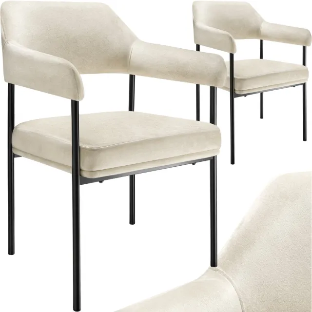 Tectake Eetkamerstoel met Armleuning - Set van 2 Eetkamerstoelen - Fluweelzachte stof - Open Rugleuning - Gestoffeerd met Stalen Poten - Stoelen voor Eetkamer - Gebroken Wit offwhite velvet