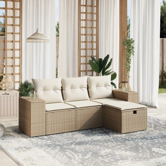 vidaXL 4-delige Loungeset met kussens poly rattan beige, foto 2