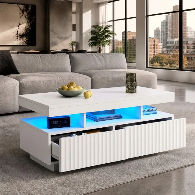 CHICFURN Salontafel - LED-verlichting - 2 lades - Wit