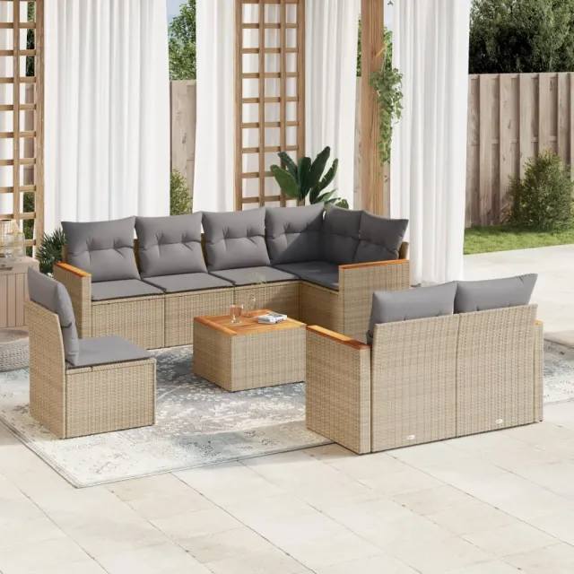 vidaXL 9-delige Loungeset met kussens poly rattan beige, foto 2