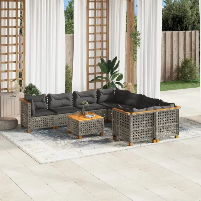 vidaXL 9-delige Loungeset met kussens poly rattan grijs, foto 2