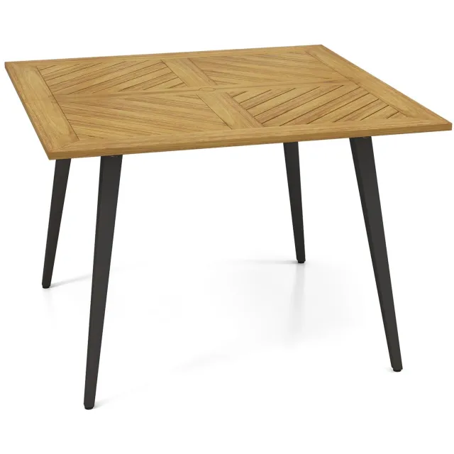 Costway Tuintafel met parasolgat, 107 x 107 cm, vierkante terrastafel van acaciahout voor 4 personen, balkontafel, houten tafel, outdoor-eettafel voor balkon, terras, tuin Naturel en Zwart