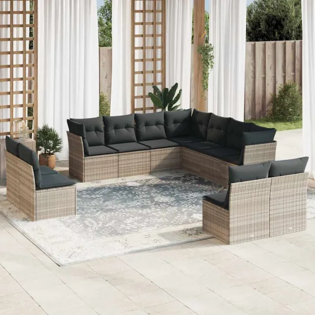 vidaXL 11-delige Loungeset met kussens poly rattan lichtgrijs grijs, foto 2