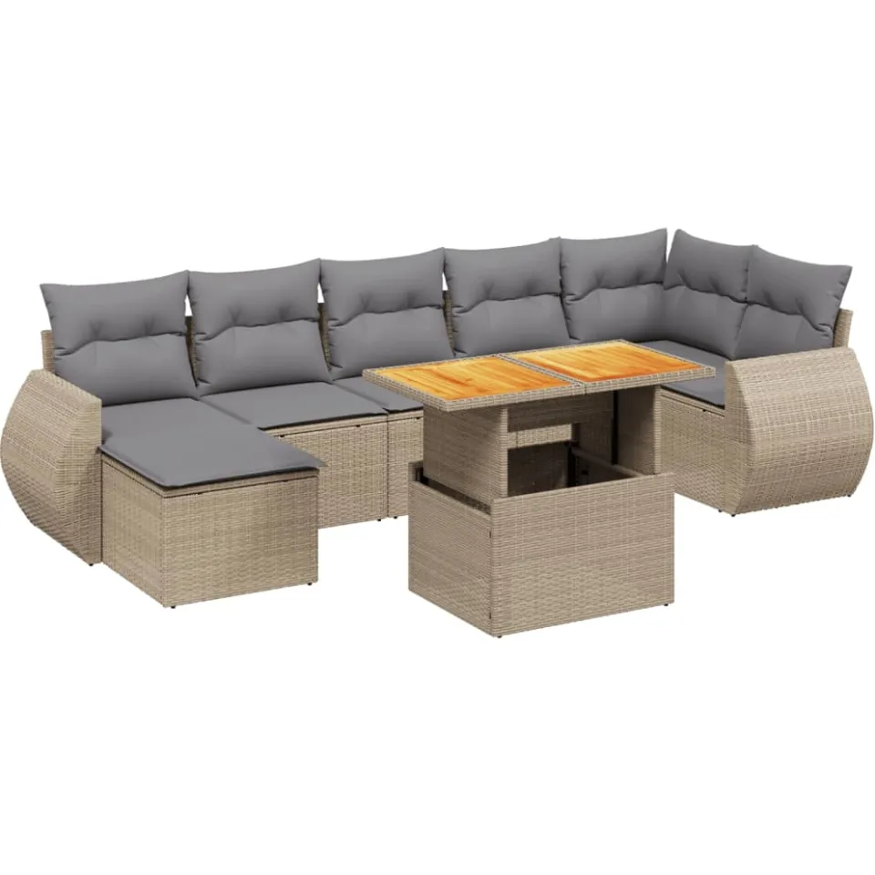 vidaXL 8-delige Loungeset met kussens poly rattan beige