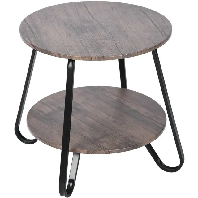 Furnish Bijzettafel rond - Salontafel vintage - Hout en metaal - Bruin/Zwart - 46x46x45 cm