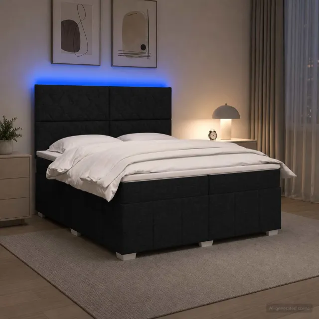 vidaXL LED Boxspring Bed met Matras Zwart 200 x 200 cm Stof