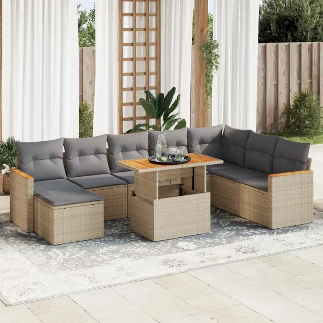 vidaXL 9-delige Loungeset met kussens poly rattan acacia beige, foto 2