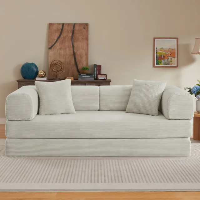 Wishdor Slaapbank - 3-zits opklapbaar met slaapfunctie en 2 kussens - Scandinavisch - woonkamer of slaapkamer - corduroy stof - beige