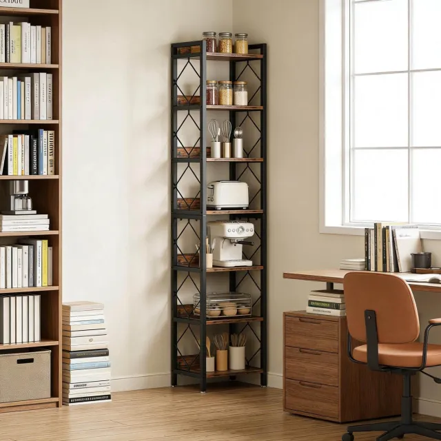 STILVORA Boekenkast - Smal 7-Laags Ruimtebesparend - Metaal En Spaanplaat - Zwart Rustiek Bruin - 34 x 34 x 200 Cm Black