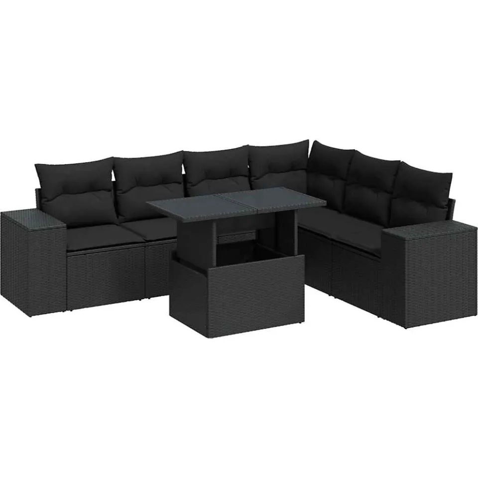 vidaXL 7-delige Loungeset met kussens poly rattan zwart, foto 3