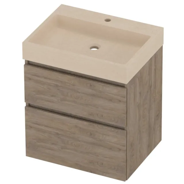 Proline Evoli Badmeubelset Hardsteen Loft 1 Kraangat Asymmetrisch 60x46x70 cm Sand Stone Raw Oak Eiken