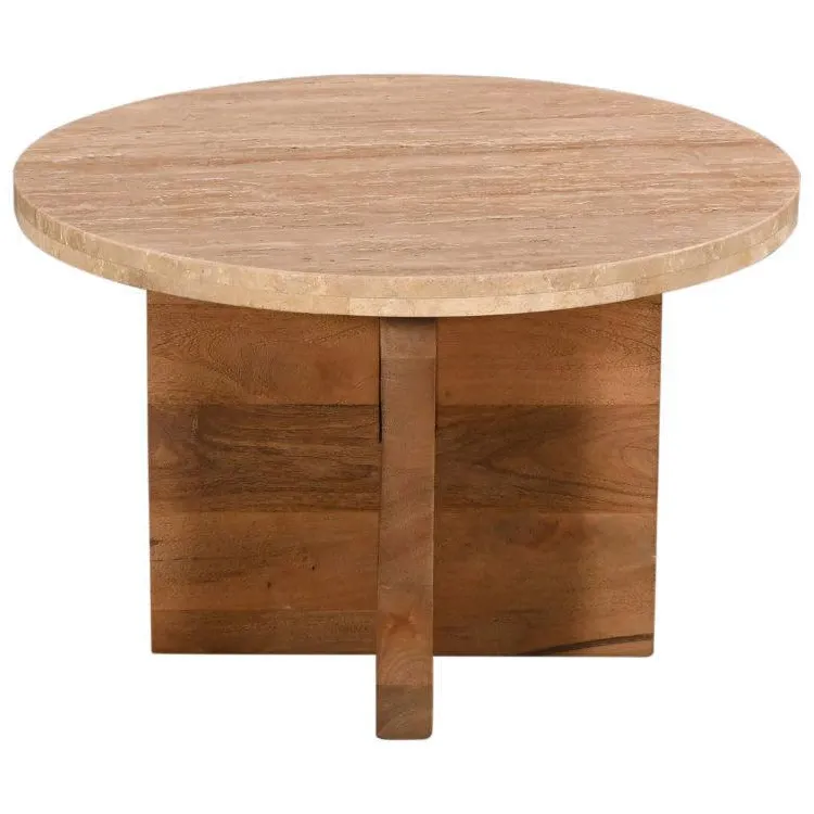 Giga Meubel Salontafel Leno Rond - Travertin/Hout - Naturel - Set van 2, foto 2