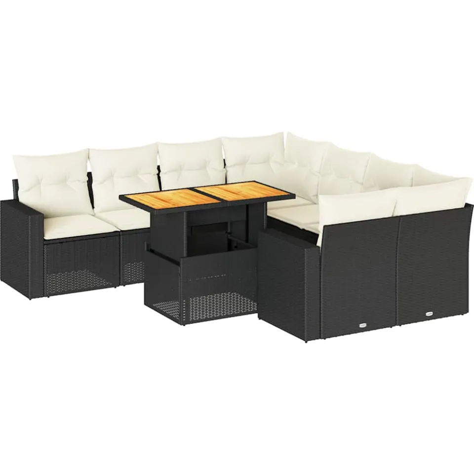 vidaXL 9-delige Loungeset met kussens poly rattan zwart, foto 3
